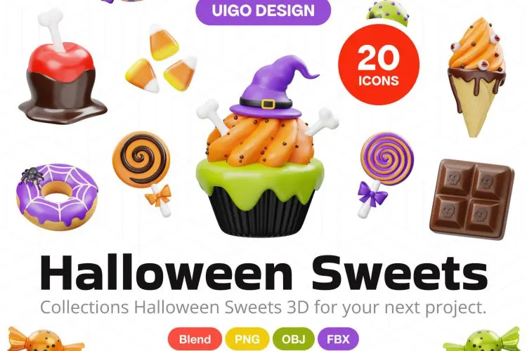 Halloween Sweet Candy Food 3D Icon  20款万圣节日巧克力糖果甜品主图3D图标插图插画icon设计素材webp免抠图片