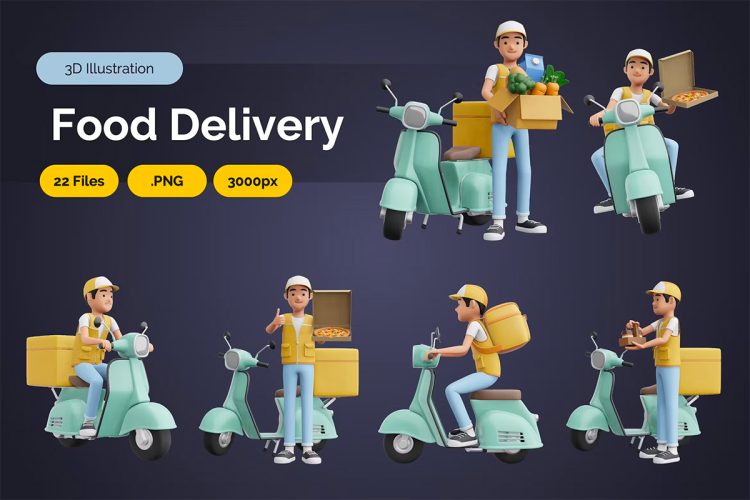 3D Delivery – Food Delivery 美食配送3D插画设计外卖送餐外卖小哥图片