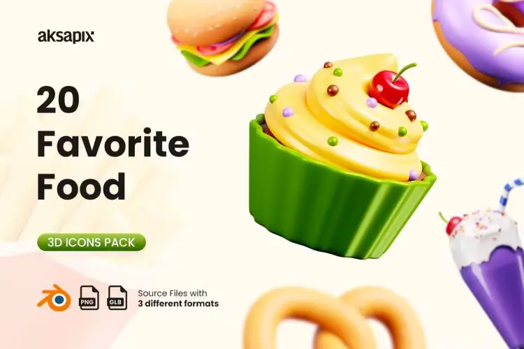 Favorite Food 3D Icon Pack 20款食物美食甜品主题插图3D立体图标icon设计素材