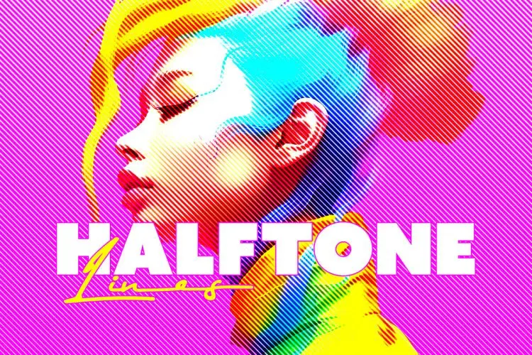Halftone Lines Photo Effect 潮流复古艺术波普条纹半调低保真肖像照片图像纹理ps样机特效模板
