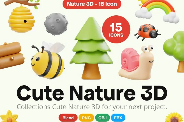 Cute Nature 3D Icon  15款趣味可爱自然界植物昆虫3D图标icon设计素材webp图片