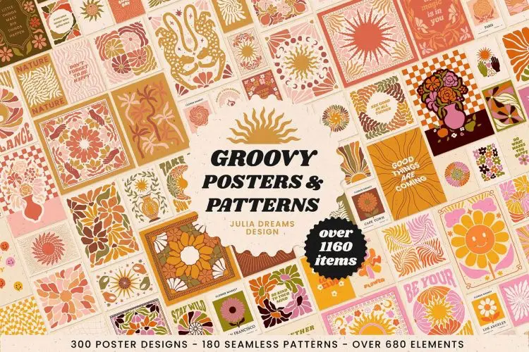 1160+ Groovy Posters Patterns Bundle  70年代潮流复古植物花卉无缝拼接图案壁纸海报矢量设计素材合集