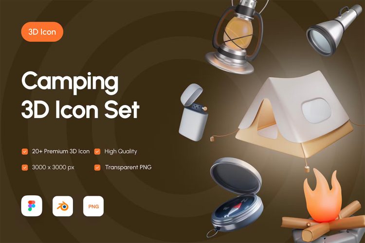 Camping 3D Icon Set 款出游旅行野营装备演示3D图标icon设计素材png免抠图片