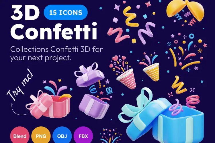 Confetti 3D Icon  15款节日庆典多彩纸屑绽放庆祝3D图标icon设计素材webp免抠图片