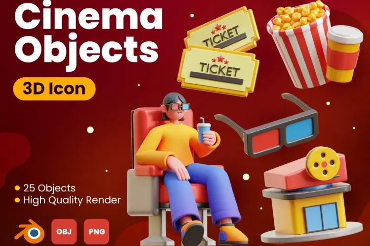 Cinema 3D Icons  25款立体卡通电影院爆米花影视娱乐视频插图插画3D图标icon素材webp免抠图片
