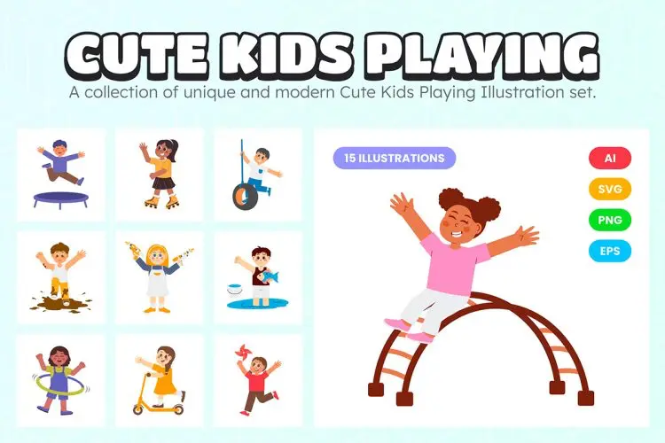 Cute Kids Playing Illustration 可爱卡通孩子玩耍运动插画插图矢量设计素材