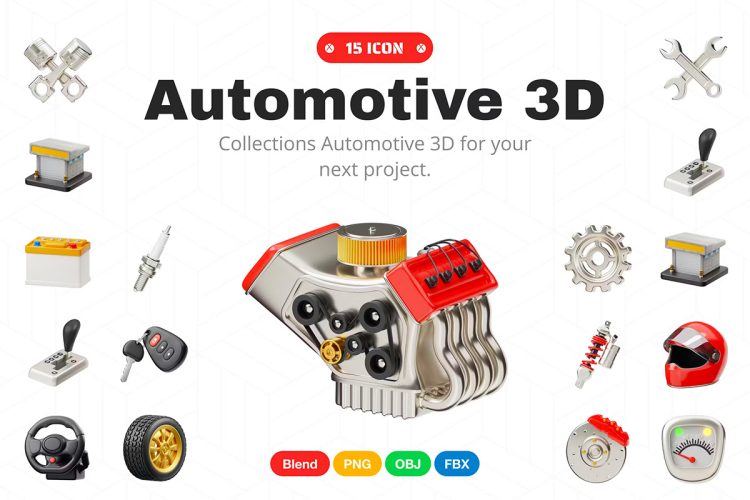 Automotive 3D Icon  15款发动机火花塞轮胎方向盘机车小汽车摩托车相关3D图片素材