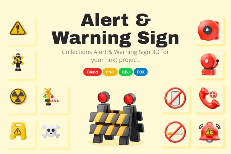 Alert And Warning Sign 3D Icon  15款劳动节工人施工工具3D图标icon设计素材png免抠图片