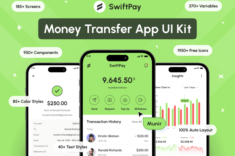 SwiftPay – Money Transfer App UI Kit  185+屏高级银行财务管理金融理财转账汇款电子钱包APP界面设计Figma模板套件