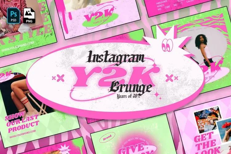 Y2K Grunge Instagram Template 24款潮流复古Y2K都市INS风霓虹效果服装海报公众号推文设计PSD模板