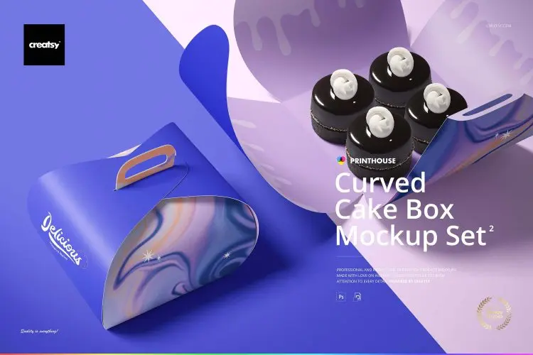Curved Cake Box Mockup Set-2  5款质感高档精致弧形蛋糕盒纸盒甜点盒包装盒手提盒PSD外观设计展示样机套装