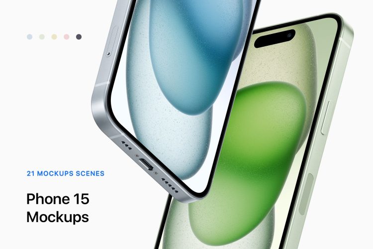 Phone 15 – 21 Mockups Scenes  21款iPhone 15手机广告App界面设计作品贴图ps样机素材展示效果图