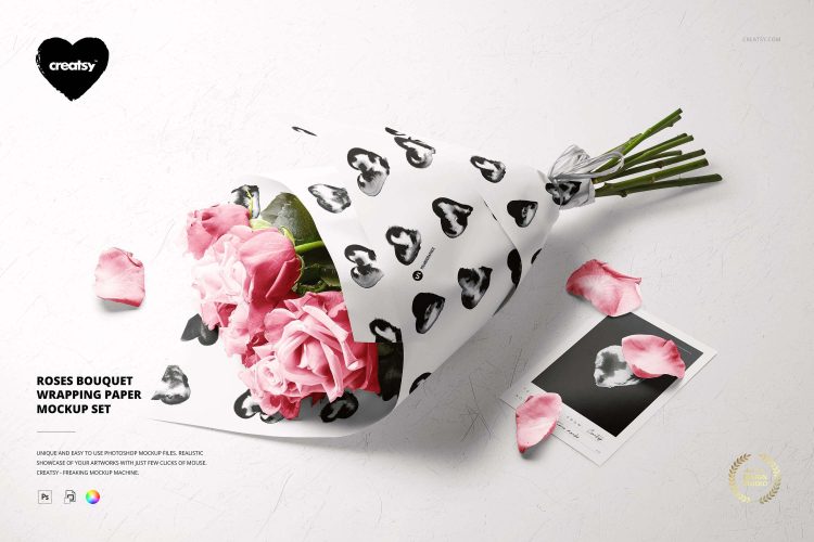 Roses Bouquet Wrapping Paper Mockup 时尚高级玫瑰花花卉花束礼物包装纸印花设计展示贴图PS样机模板