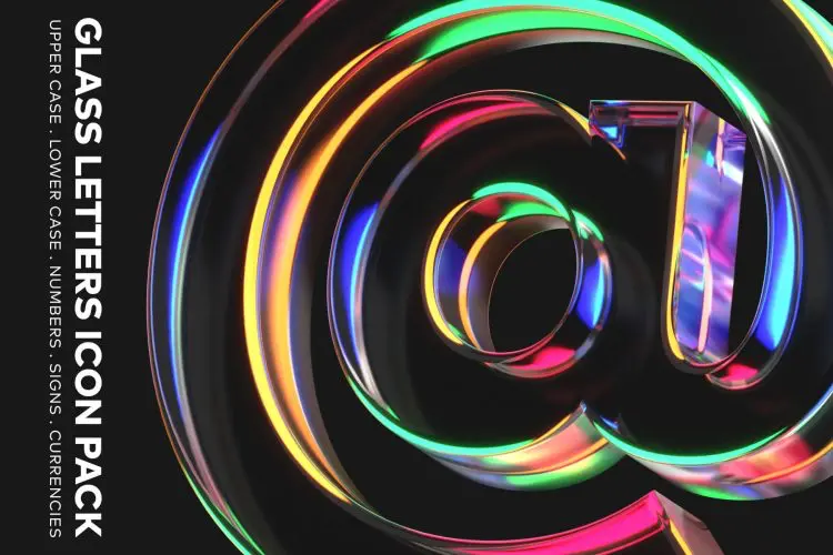 Glass Letters 3D Icon Pack  73款3D透明彩虹渐变彩色玻璃水晶英文字母数字webp免抠图片素材