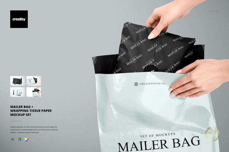 Mailer Bag Wrapping Tissue Paper Mockup Set 时尚服装衣服邮寄包装纸塑料袋设计展示效果图PSD样机模板