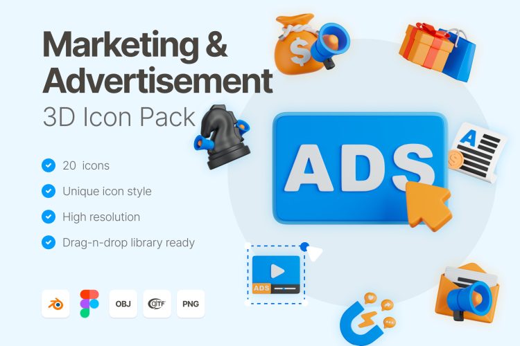 Marketing & Advertisement 3D Icons  20款时尚电商网络广告营销3D立体图标Icons设计素材包