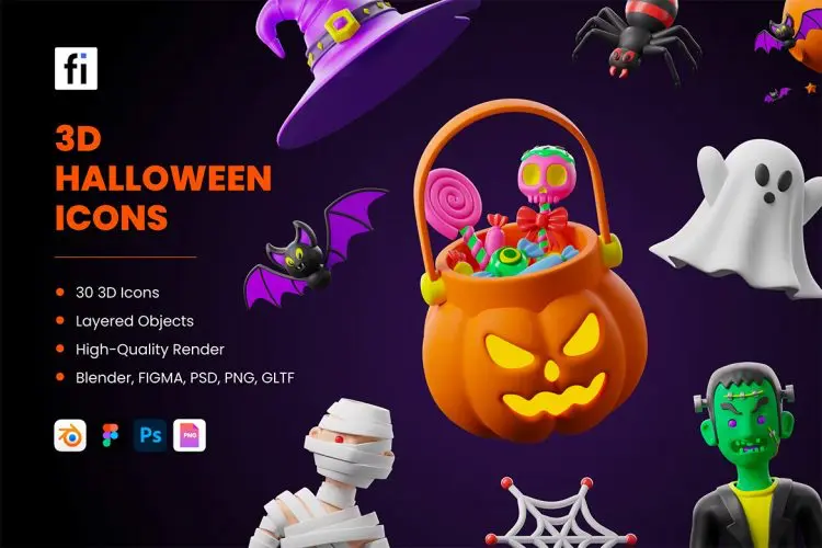 3D Halloween Icons  30款3D卡通趣味恐怖万圣节鬼节潮流插图插画ps分层设计素材源文件