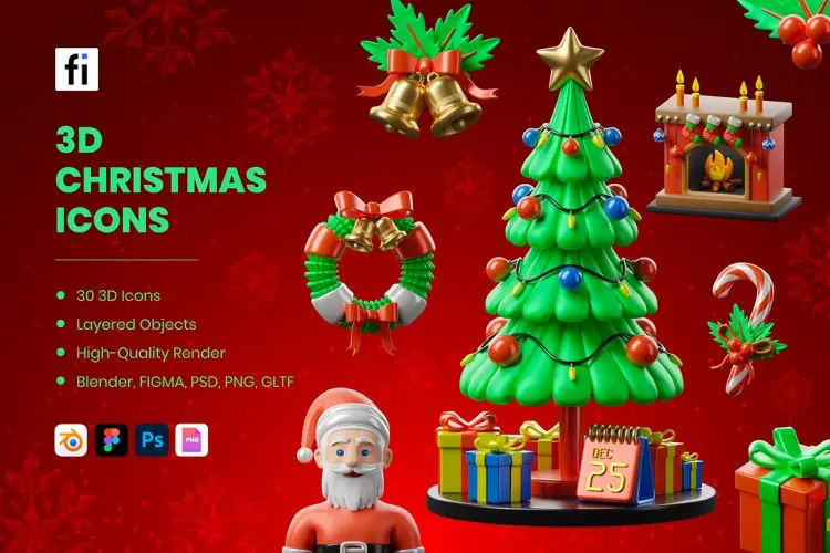 3D Christmas Icons  30款圣诞节新年元旦雪人礼物盒3D卡通插图插画webp免抠设计素材