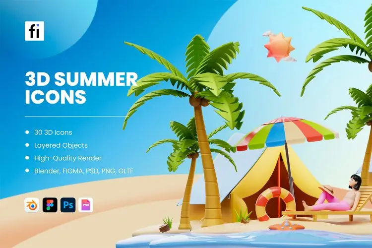 3D Summer Icons  30款卡通夏季暑期出游宣传元素3D图标icon素材webp免抠图文件