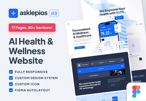 asklepios AI Healthcare & Wellness Website 多功能人工智能医疗保健健康养护网站界面设计Figma模板