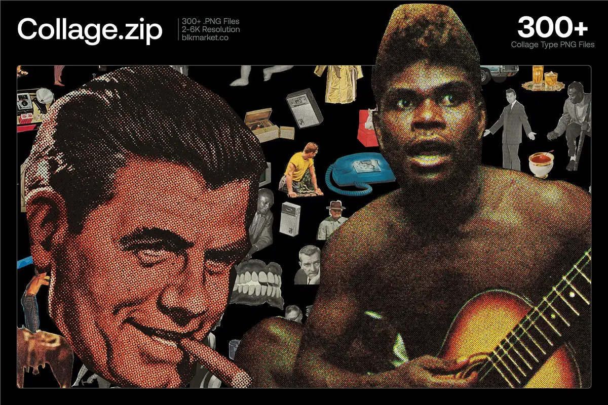 300+ Collage Cuts (Collage.zip) 300款复古潮流怀旧电影报纸剪报拼贴webp免抠图片设计素材源文件