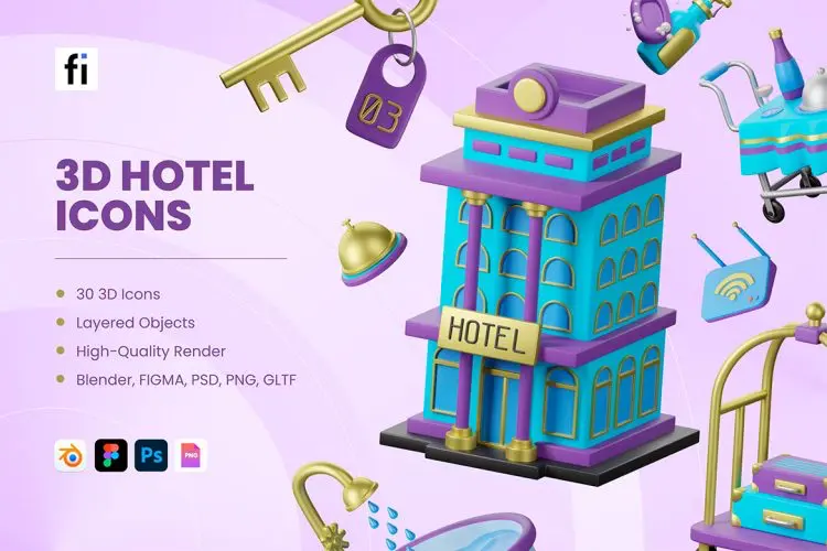 3D Hotel Icons  30款3D立体卡通旅行酒店客房住宿预订icon图标插图webp免抠设计素材