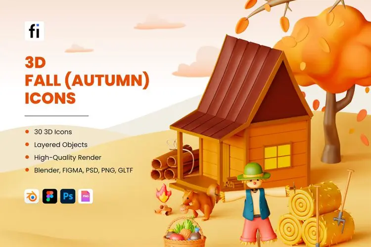 3D Fall (Autumn) Icons  30款秋季秋天丰收主题元素3D立体图标icon设计素材