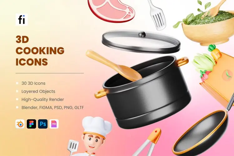 3D Cooking Icons  30款3D高清厨房炊具拟物金属icon图标webp免抠素材