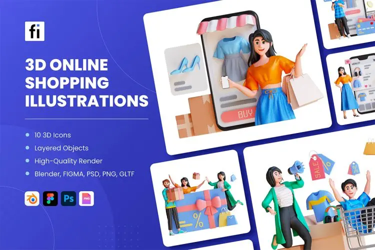 3D Online Shopping Illustrations  30款3D趣味立体卡通时尚网购线上购物场景插图插画webp免抠图片