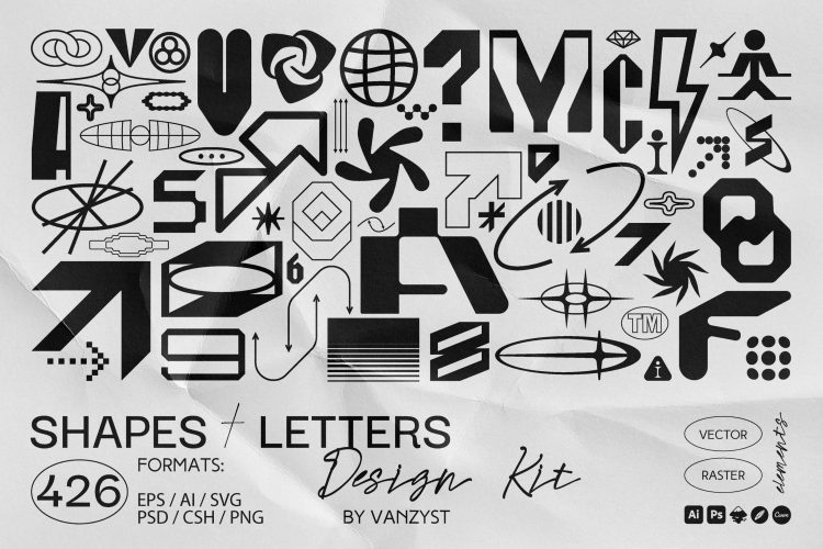 426 Shapes Letters Numbers Kit  426款潮流抽象艺术创意几何图形标识装饰英文字母ai设计素材合集