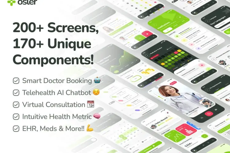 osler UI Kit AI Telehealth & Telemedicine App  200+屏时尚AI智能远程医疗挂号人工聊天机器人医院健康APP设计Figma模板素材