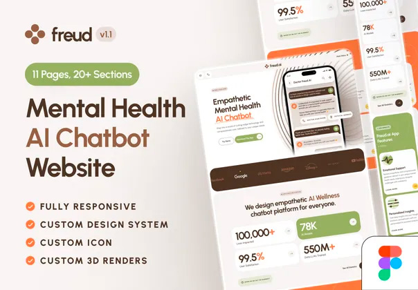 freud AI Mental Health Chatbot Website 心理健康人工智能聊天解答咨询移动网页设计用户界面ui套件模板