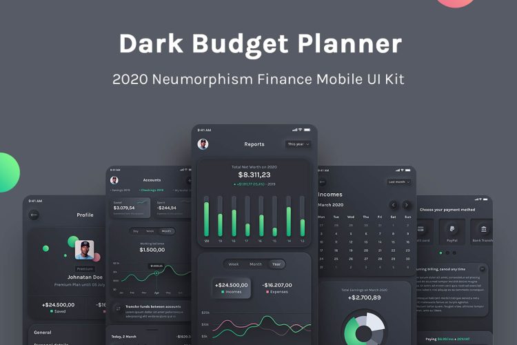 Dark Budget Planner – Finance UI Kit  66屏暗黑深色银行金融理财财务管理APP软件界面设计Figma模板