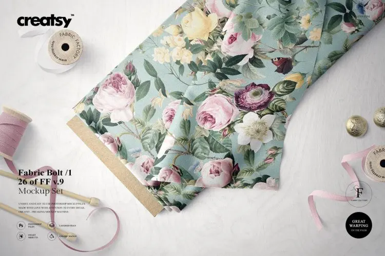 Fabric Bolt 1 Mockup Set (26/FFv.9) 亚麻棉麻全棉家纺面料布料丝带布匹印花图案设计ps样机展示效果图