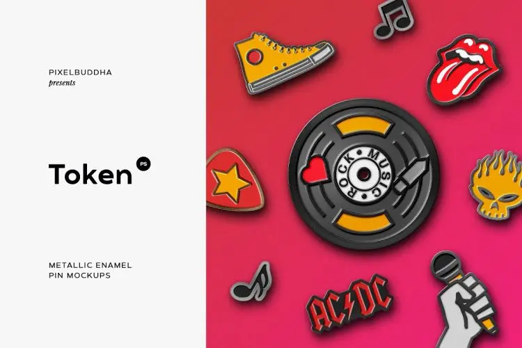 Metallic Enamel Pin Mockups 潮流质感金属珐琅立体徽章图案设计贴图ps样机素材展示效果模板
