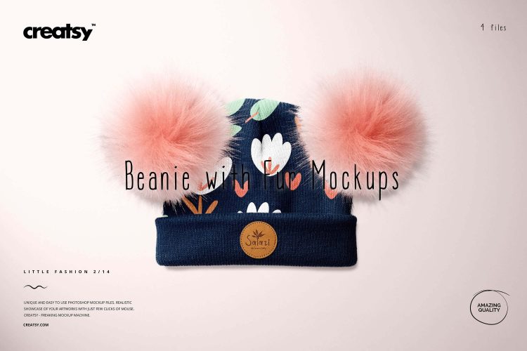 Beanie with Fur Pompons Mockup Set 可爱绒球针织帽子绒线帽logo图案设计贴图ps样机素材展示效果模板