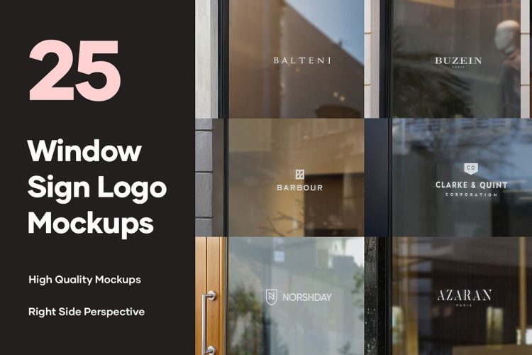 25 Window Signs Logo Mockups – V2  25款户外透明玻璃橱窗logo标识vi设计贴图ps样机素材场景展示效果