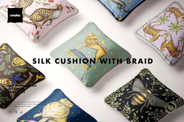 Silk Cushion with Braid Mockup Set  14款质感居家抱枕靠垫腰靠图案印花设计贴图ps样机素材展示模板