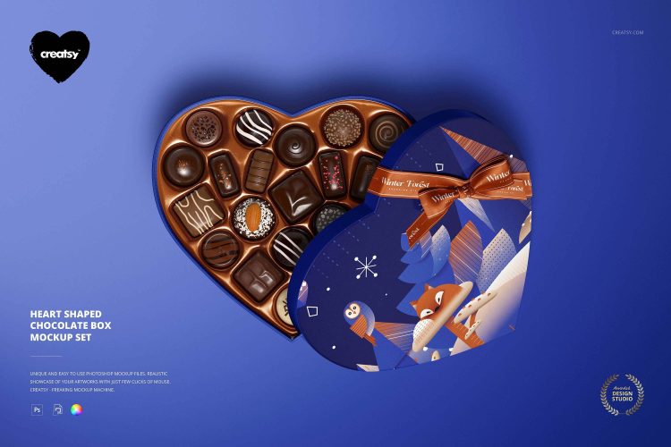 Heart Shaped Chocolate Box Mockup  8款情人节心形巧克力礼盒包装设计贴图ps样机素材展示效果模板