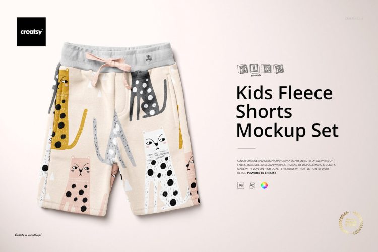 Kids Fleece Shorts Mockup Set 儿童全棉休闲运动短裤童装印花图案设计贴图ps样机素材展示模板