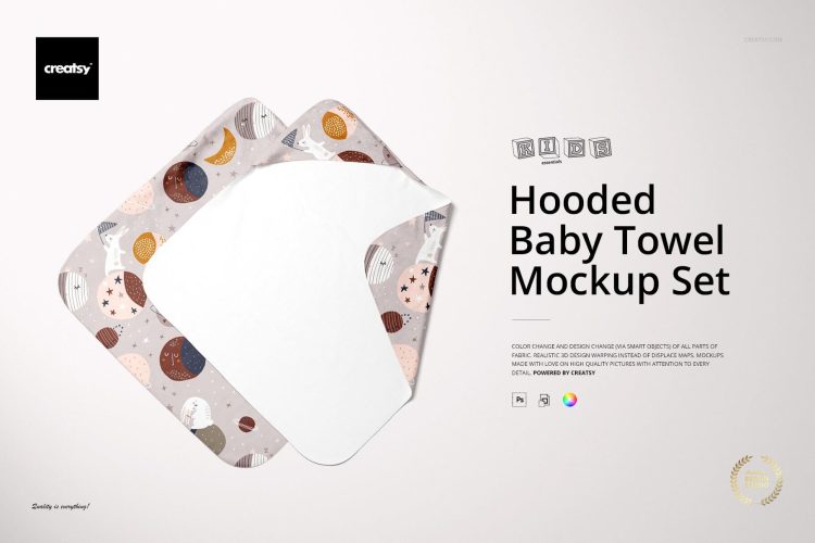 Hooded Baby Towel Mockup Set 婴儿毛巾口水巾儿童小方巾图案设计贴图ps样机素材展示效果模板