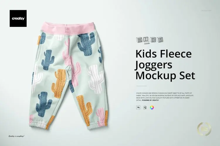 Kids Fleece Joggers Mockup Set 婴儿宝宝卫裤保暖裤子印花图案设计贴图ps样机素材展示效果模板