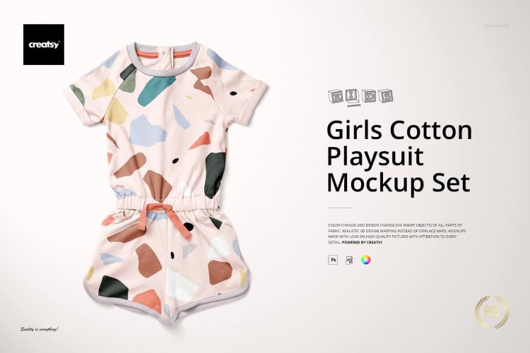 Girl’s Cotton Playsuit Mockup 女款童装运动休闲连体衣睡衣服装图案设计贴图ps样机素材展示模板