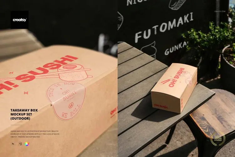 Takeaway Box Mockup Set (outdoor) 6款长方形餐饮外卖打包盒环保餐盒包装设计ps样机素材展示效果图