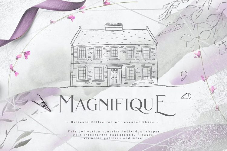 Magnifique Watercolor Shapes Flowers Collection  98款华丽手绘薰衣草色水彩花卉花朵建筑插图插画图案图片矢量设计素材