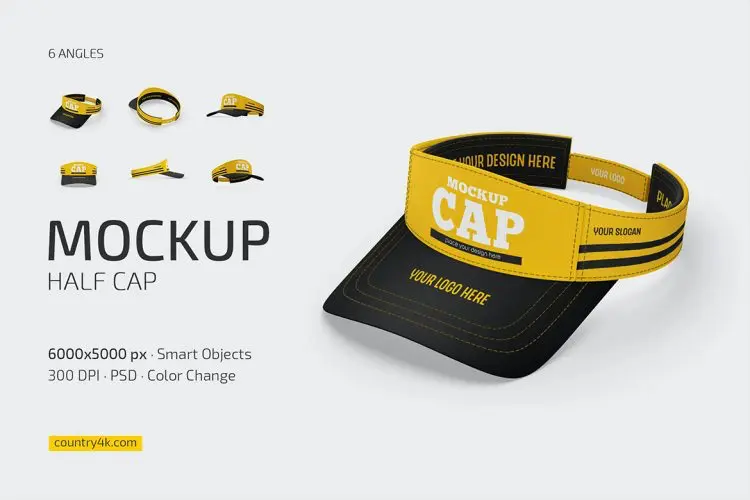 Half Cap Mockup Set 六款时尚运动半空顶遮阳帽半帽模型品牌商标设计贴图ps样机素材ps源文件