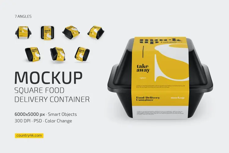 Square Food Delivery Container Mockup Set 7款方形食品外卖配送塑料盒模型品牌腰封包装标识设计贴图ps样机素材模板