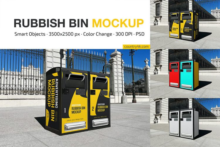 Advertising Rubbish Bin Mockup Set 户外街道金属矩形垃圾回收箱模型广告展示设计贴图ps样机素材模板