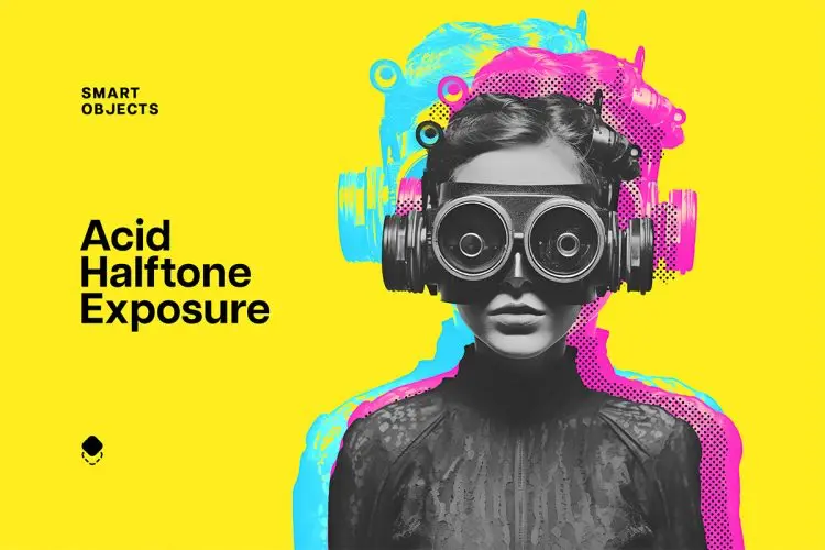 Double Halftone Exposure Effect 潮流复古双重曝光叠印重影错位撞色图像照片滤镜ps特效样机模板