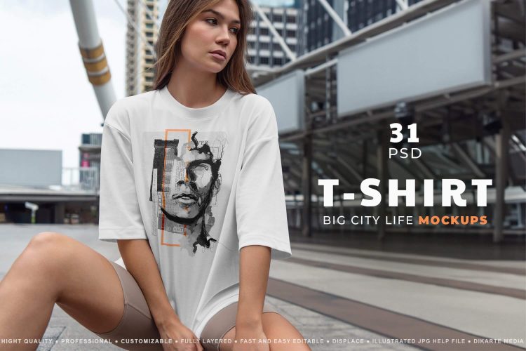 T-Shirt Mockup Big City  31款女模特落肩T恤短袖服装设计ps样机素材街拍场景展示效果图